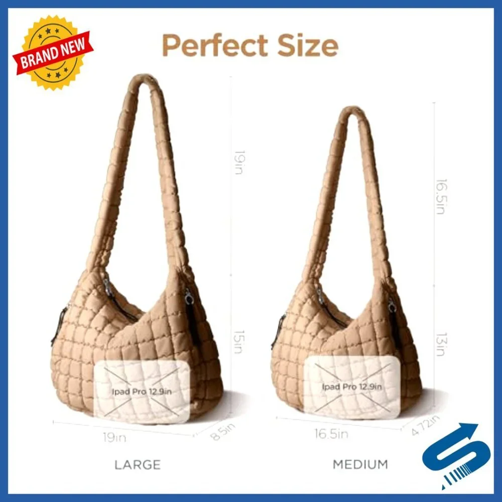 Large Quilted Puffer Tote Bag with Crossbody Strap, Multiple Pockets